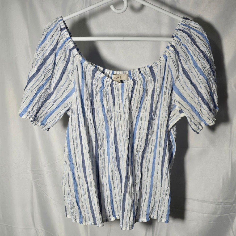 Loft Womens Blue White Striped cottage coquette dainty fairy Puff Blouse Medium